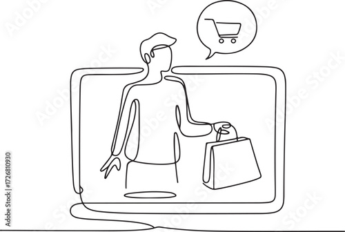 Minimalist single-line art of a person shopping online with a shopping bag and cart icon