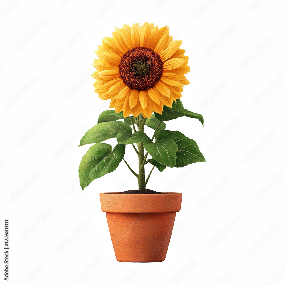 Obraz premium Single sunflower in terracotta flower pot with bright yellow petals isolated on white background