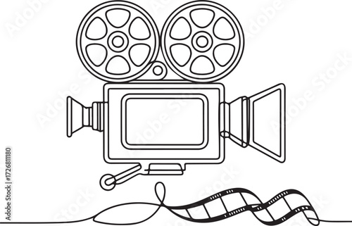 Abstract continuous line drawing of a classic film camera and winding strip, representing the essence of cinema and movie magic