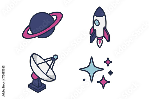 Colorful illustrations of space objects including a planet, rocket, satellite dish, and stars in a simple style