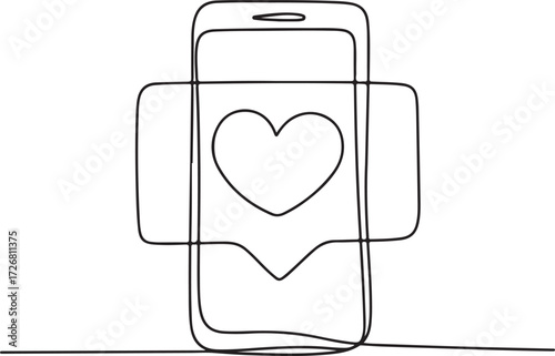 Emotional connection through social media, a continuous single line drawing of a smartphone with a heart like notification