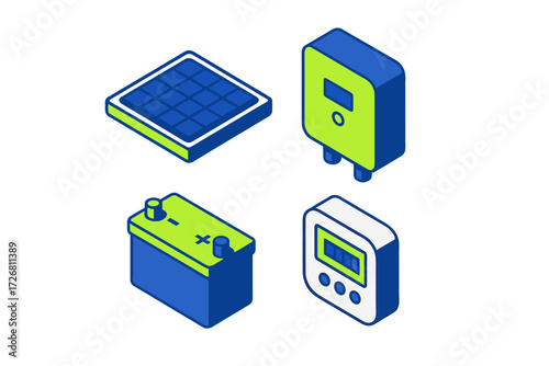 Collection of renewable energy equipment showing solar panel, inverter, battery, and controller in colorful design