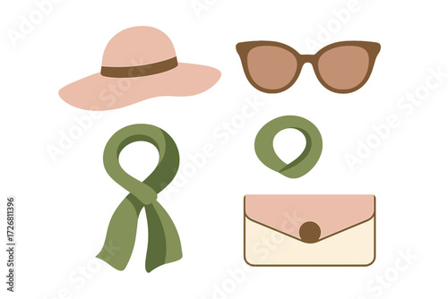 Fashion accessories including a hat, sunglasses, a scarf, and a clutch purse arranged on a white background