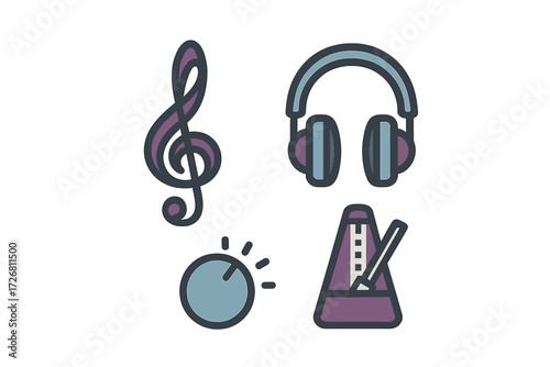 Music symbols, headphones, and a metronome in a colorful digital design