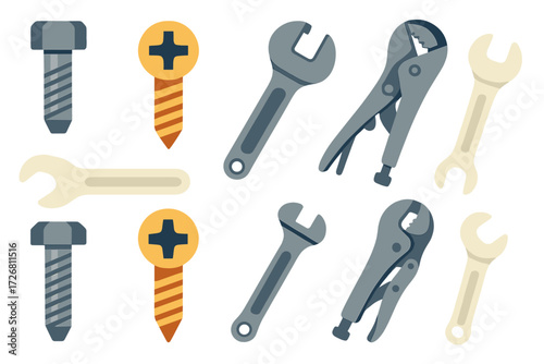 Various tools and fasteners displayed on a simple background for DIY projects and repairs