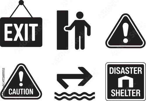 Safety signs for emergency exits, caution, and shelter