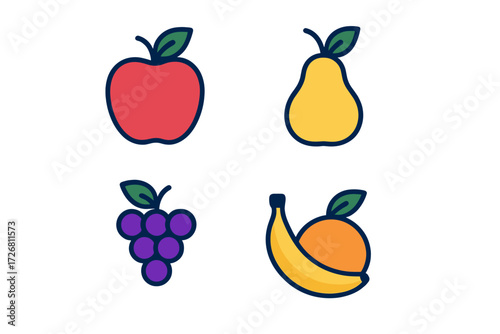 Fruit illustrations showing an apple, pear, grapes, and banana in bright colors with leafy accents
