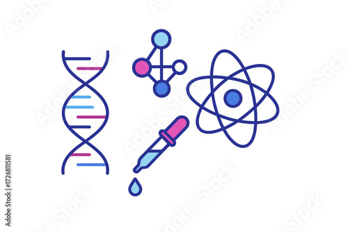 Colorful illustrations of scientific concepts including DNA, molecules, and an atom with a pipette