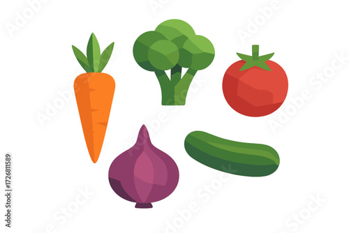 Colorful cartoon vegetables including carrot, broccoli, tomato, onion, and cucumber displayed on a white background