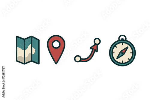 Navigation tools including a map, location pin, route arrow, and compass for outdoor adventures and travel planning