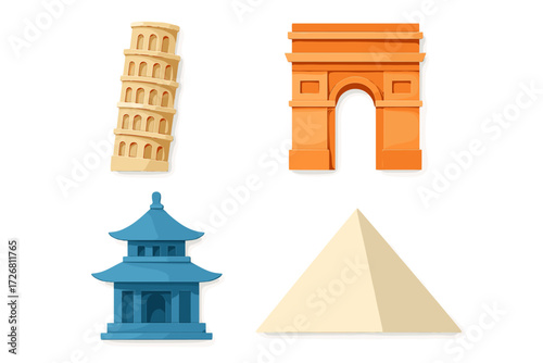 Colorful 3D representations of famous landmarks from different cultures and regions displayed together on a white surface