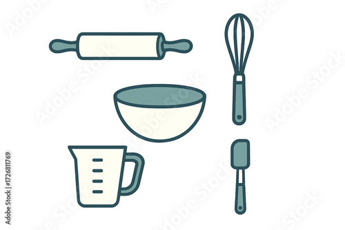 Cooking tools arrangement with rolling pin, bowl, whisk, measuring cup, and spatula on a white background