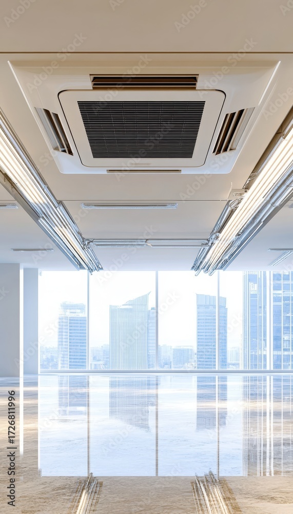 Fototapeta premium Bright and Modern Office Interior with Stylish Ceilings, Fixtures, and Urban Cityscape Views