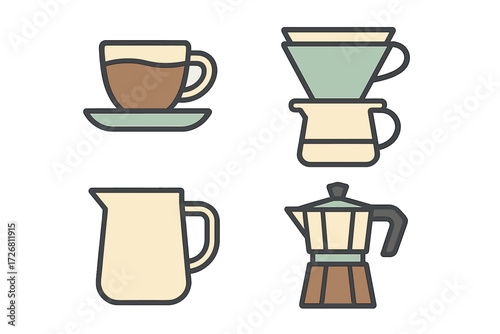 Various coffee brewing tools and cups arranged in a decorative layout
