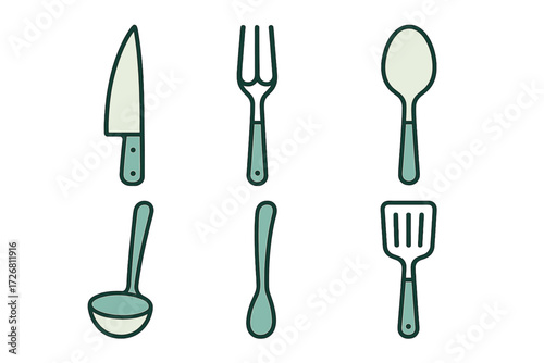 Essential kitchen utensils including knife, fork, spoon, ladle, and spatula for cooking and meal preparation