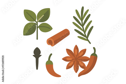 Colorful herbs and spices displayed in a simple arrangement on a clean background