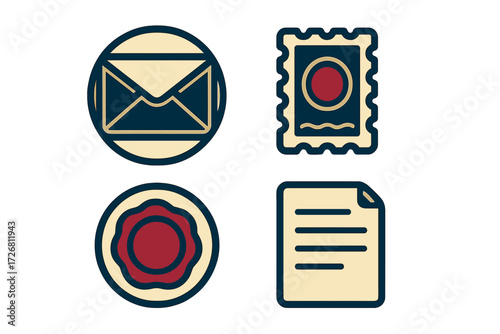 Elements of communication and postal services featuring envelope, stamp, seal, and document