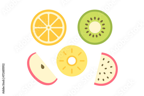 Colorful fruit slices arranged in a circular pattern with vibrant colors on a white background