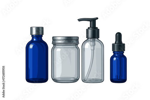 Variety of blue and clear containers for liquids displayed on a white background ready for storage or packaging purposes