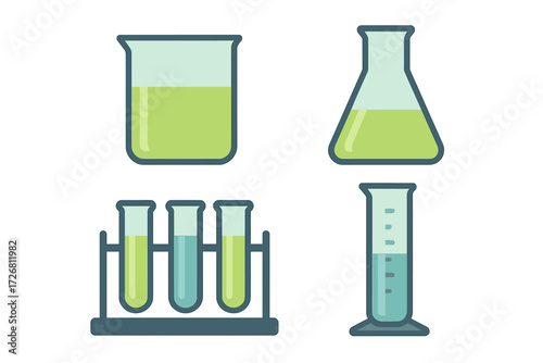 Laboratory glassware filled with green liquids on a white background showing scientific experimentation