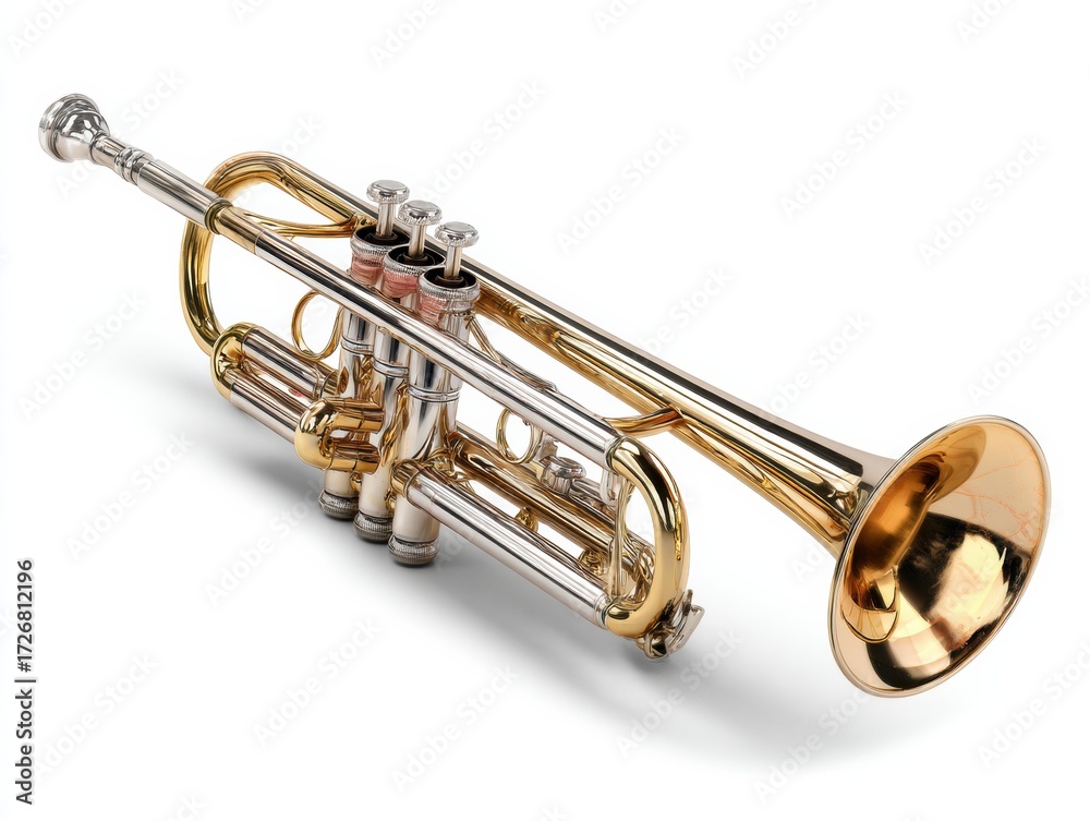 Obraz premium Shiny golden and silver trumpet isolated on white background, classical brass musical instrument close-up