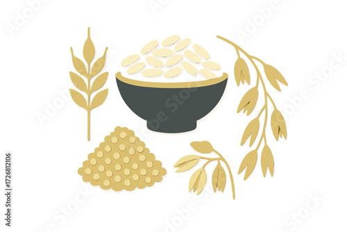 Diverse grains and seeds arranged around a bowl filled with white grains on a plain background