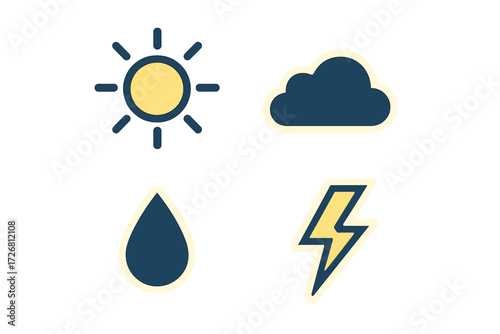 Weather symbols showing sun, cloud, drop of rain, and lightning representing different weather conditions
