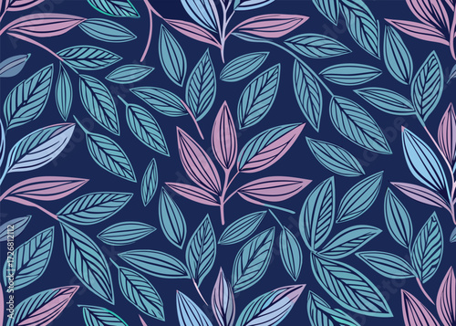 Delicate leaf pattern with teal and pink hues on navy background seamless pattern leaves