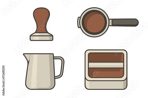 Essentials for making coffee at home featuring a tamper, a coffee filter, a pitcher, and a container for grounds