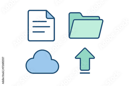 Icons representing digital file management and cloud storage activities on a simple background
