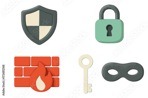 Colorful security symbols including shield, lock, firewall, key, and mask captured in a clean layout