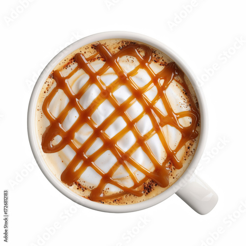Hot caramel macchiato with milk foam and crisscross caramel drizzle top view isolated on white background