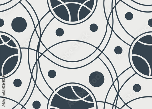 Abstract geometric pattern with circles and arcs in dark blue and light gray seamless