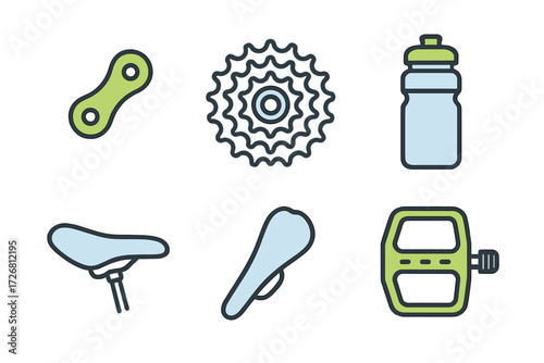 Cycling gear and accessories including water bottle, chain link, sprocket, pedals, and saddle for biking enthusiasts