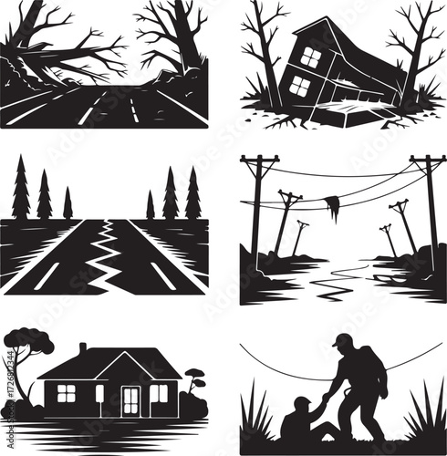 Disaster scenes show destruction, rescue, and resilience