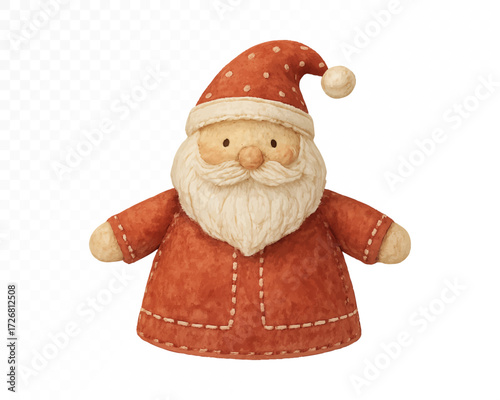 Felt Santa Claus ornament with stitched edges, dressed in simple red coat and hat with white beard, cozy handmade Christmas holiday decoration in soft textile craft style. Watercolor vector illustrati