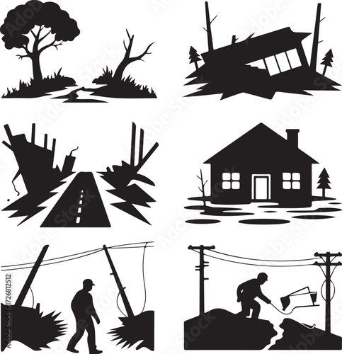 Disaster aftermath icons show destruction, recovery efforts
