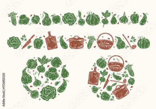 Autumn textured fruits and vegetables set with borders and round compositions. Includes pumpkin, zucchini, bell pepper, apple, onion, beet, pear, potato, cabbage, celery, garlic and kitchen utensils