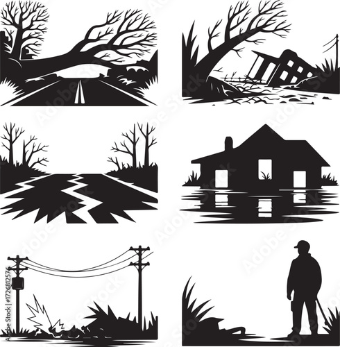 Disaster scenes showing destruction and aftermath