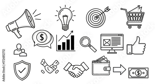 A compelling collection of digital marketing icons illustrating diverse business concepts like