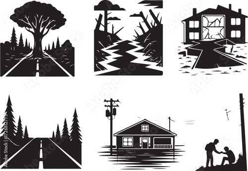 Disaster icons show flood, damage, and helping hands
