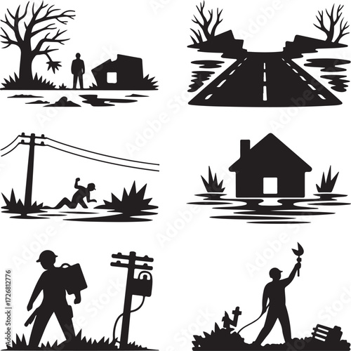 Disaster strike scenes, emergency response, and recovery efforts.