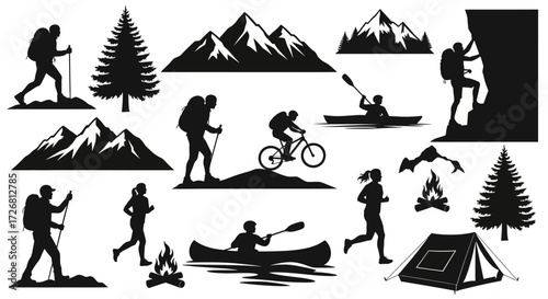 Collection of outdoor adventure activities vector silhouettes isolated on white background