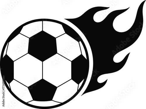 Flaming soccer ball icon, black and white vector, speed and energy symbol, sports motion design, football excitement artwork, dynamic athletic graphic