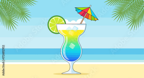 Vibrant tropical cocktail on a sunny beach with palm trees and a colorful drink umbrella