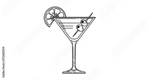 Elegant line art of a martini cocktail with lemon and olives, classic drink design