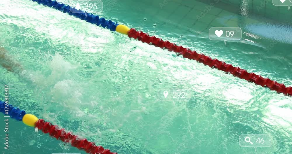 Pool Crounching Male swimmer crouching and diving into pool with digital icons ...