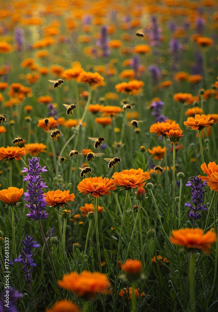 Fototapeta premium Colorful Flower Field with Bees and Purple Flowers in Bright Sunlight