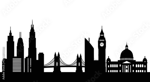 Black silhouette of london cityscape featuring iconic landmarks on a white background