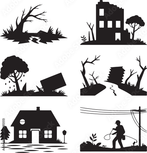 Disaster scenes show destruction, rebuilding, and recovery